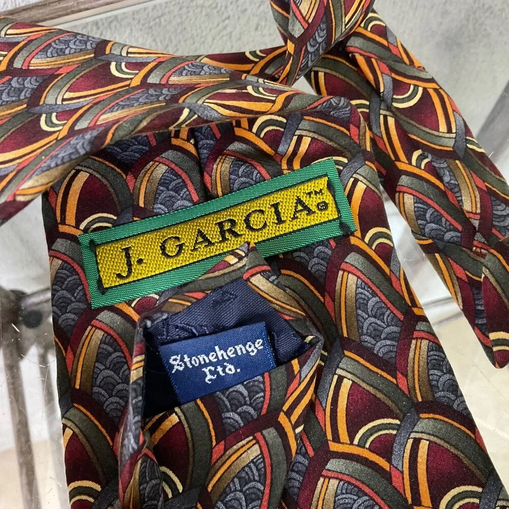 J. Garcia Stonehenge Ltd. 100% Silk Foulard tie Handmade USA 56”x3..5”